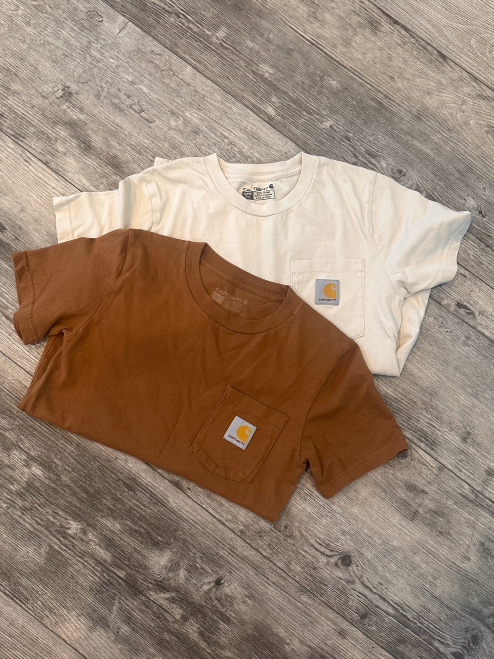 Carhartt Kids Short Sleeve Pocket Tees in Cream size 8 and Brown size 7